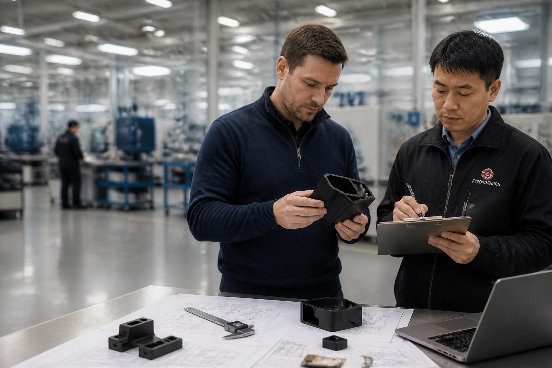 SEBA SOURCING agent inspecting a product sample with a factory engineer in a China manufacturing facility